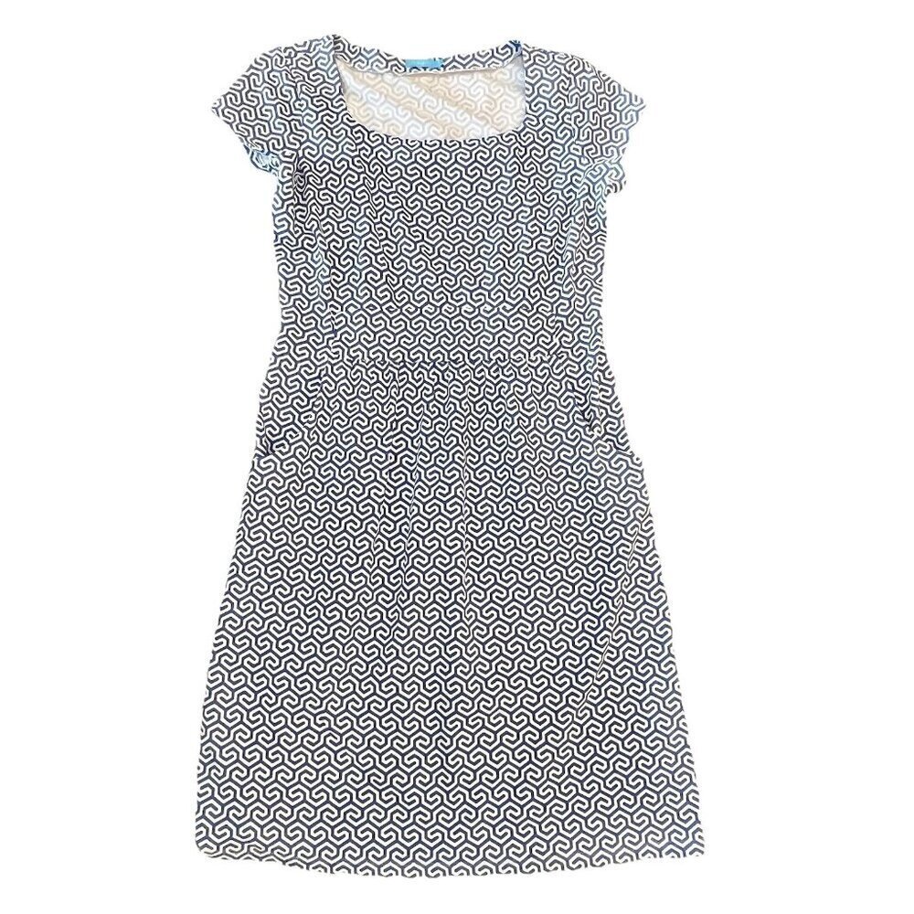 J McLaughlin Sheath Dress Size Small Catalina Cloth Stretch Blue White Geometric